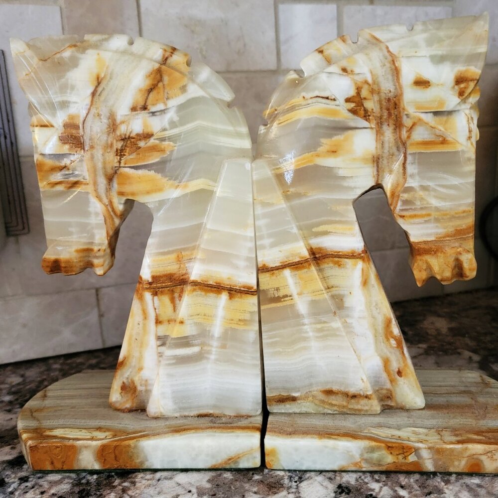 Vintage 1960s Trojan Horse Head Bookends Hand Carved Onyx /Marble Stone